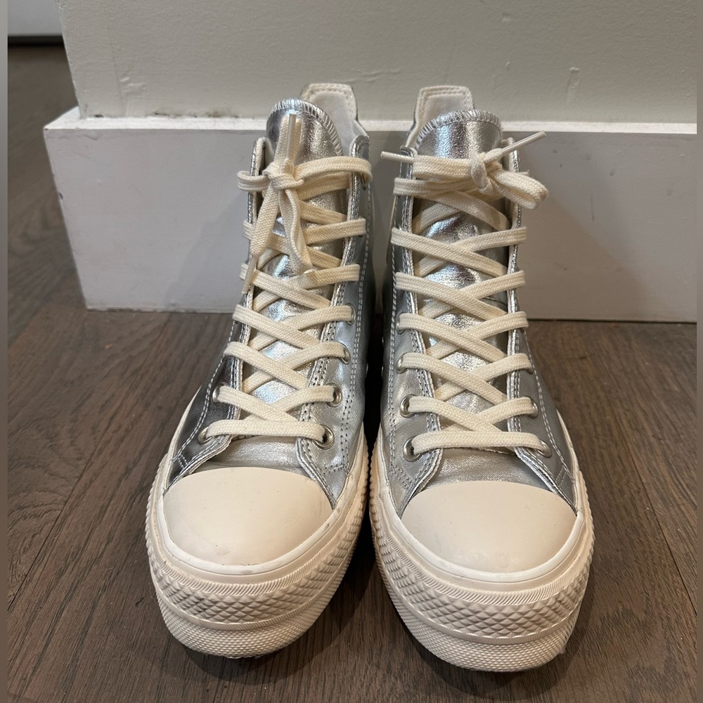 Converse Silver and Cream High-Top Sneakers platform